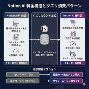 [図解: Notion AI料金構造とクエリ消費パターン - Free版との機能差、クエリカウント方式、追加課金オプションの図表]