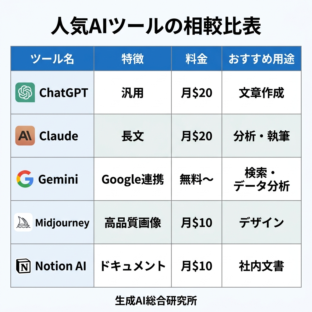 人気AIツール比較表：ChatGPT・Claude・Gemini・Midjourney・Notion AI